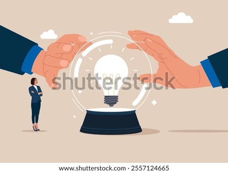 Crystal magic ball and two hands touching crystal ball with light bulb. Creativity to help see business opportunity, vision to discover new solution or idea, curiosity, searching for success concept. 