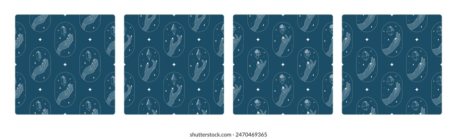 Crystal magic minimalistic seamless patterns set. Creative abstract artwork. Modern vector illustrations. Transparent line art gem with stars. Minimalistic sticker design for web.