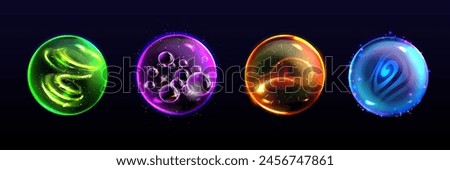 Crystal magic orb. Light glow energy sphere icon. Fantasy circle with fire power. 3d round magician fortune teller isolated witchcraft bubble collection. Mystery green, purple and blue neon element