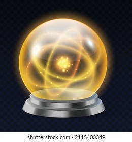 Orb mágico de cristal realista con esfera de energía brillante y relámpagos brillantes. El mundo del vidrio espiritual oculta el futuro de la predicción con efecto de fantasía. 3.ª bola de vidrio misteriosa. Ilustración del vector