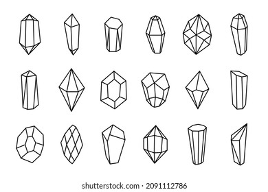Juego de iconos lineales de minerales de cristal. Colección de piedras de gema de arte en línea. Ilustración de contorno aislado de vectores para medicina alternativa y tratamiento