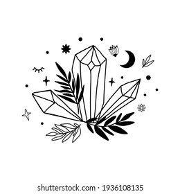 Crystal Moon Drawing. Cute Astrology Crystals, Stars Leaves. Mystical Tshirt Print. Magic Celestial Element.