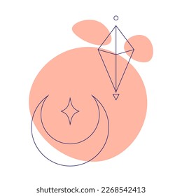 Cristal y luna. Símbolo estotérico. Ilustración vectorial lineal dibujada a mano