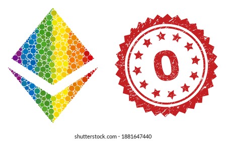 Crystal mosaic icon of circle dots in variable sizes and rainbow color tones, and 0 dirty rosette stamp seal. A dotted LGBT-colored Crystal for lesbians, gays, transgenders, and bisexuals.