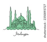 Crystal Mosque, Malaysia continuous line colourful vector illustration