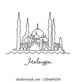 Crystal Mosque, Malaysia. Continuous line vector illustration