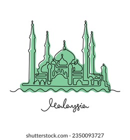 Crystal Mosque, Malaysia continuous line colourful vector illustration