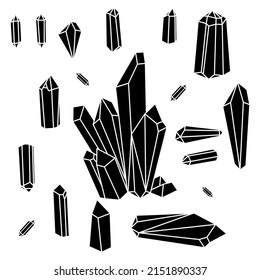 Kristallnegative Silhouette Stil Vektorgrafik minimalistische Symbol Set. Lineare Zeichen von Schatz Edelstein. Mineral, Diamant, einfache Quarzsymbole einzeln auf weißem Hintergrund.