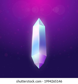 Crystal on dark gradient background. Shining crystal with edges and gradient. Gemstone vector illustration with gradient background. Variety of colors on diamond edges.