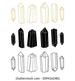 Kristallumriss und negativer Stil Vektorgrafik minimalistisch Symbol Set. Lineares Zeichen von Schatz Edelstein. Mineral, Diamant, einfache Quarzsymbole einzeln auf weißem Hintergrund.