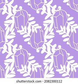 crystal pattern with floral pattern on lilac. Seamless crystal doodle-style pattern with white contoured leaves with curls randomly placed on lilac for a magic design template
