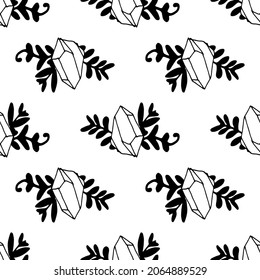 crystal pattern with floral pattern. Seamless doodle-style crystal pattern with black outline leaves with curls, randomly placed on a white background for a magic design template