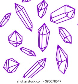 crystal pattern with purple crystals on white. Outline crystals, Line purple crystals on white. Geometric seamless pattern, abstract seamless pattern