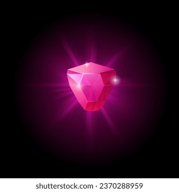 Crystal pink shining game gem, vector illustration isolated on black background. A simple cartoon ui element in the form radiant gemstone. Diamond drawing in front view.