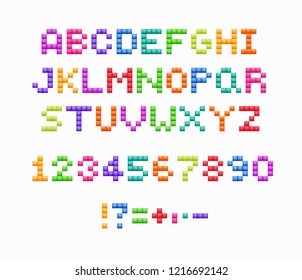 Crystal pixel font, retro video game design. Vector colorful alphabet and numbers.