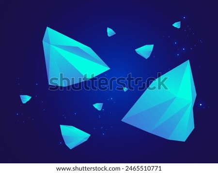 Crystal Polygon stones, Diamond rocks jewelry mineral floating in the air on Digital Cyberspace Background vector design concept. A group of Polygonal rocks and stones flying on space concept.