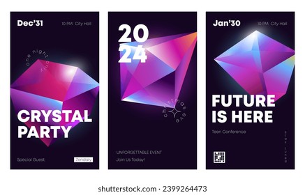 Crystal poster or stories background set. Vector 3D abstract banners template. Event announcement.