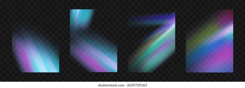 Crystal prism light flare background,transparent rainbow overlay with diamond neon glare effect and iridescent blur.