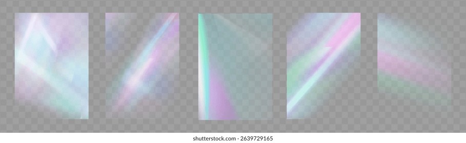 Crystal prism light flare background,transparent rainbow overlay with diamond neon glare effect and iridescent blur.