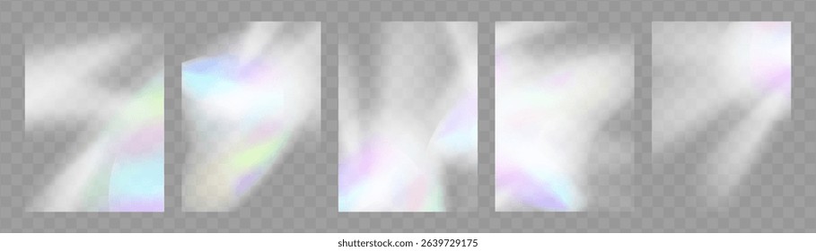Crystal prism light flare background,transparent rainbow overlay with diamond neon glare effect and iridescent blur.
