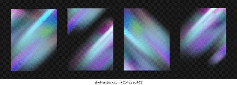 Crystal prism light flare background,transparent rainbow overlay with diamond neon glare effect and iridescent blur.