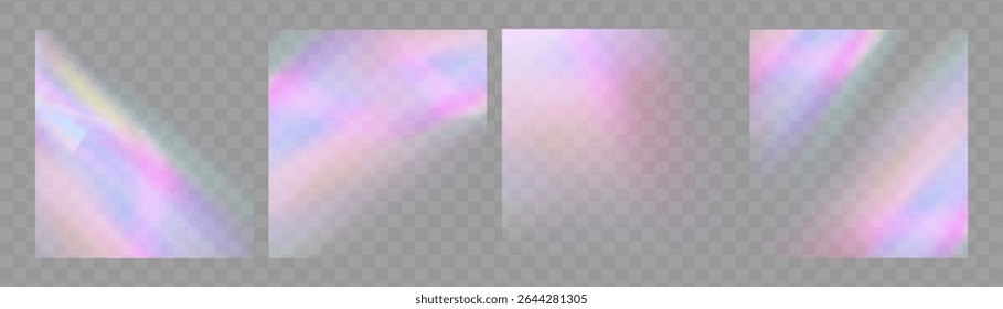 Kristallprisma, heller Hintergrund, transparenter Regenbogen mit Diamant-Neonreflexeffekt und irisierender Unschärfe.