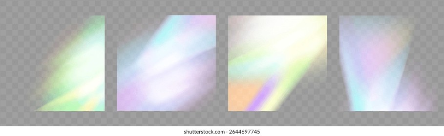 Fondo de destello de luz de prisma de cristal, superposición de arco iris transparente con efecto de deslumbramiento de neón de diamante y desenfoque iridiscente.
