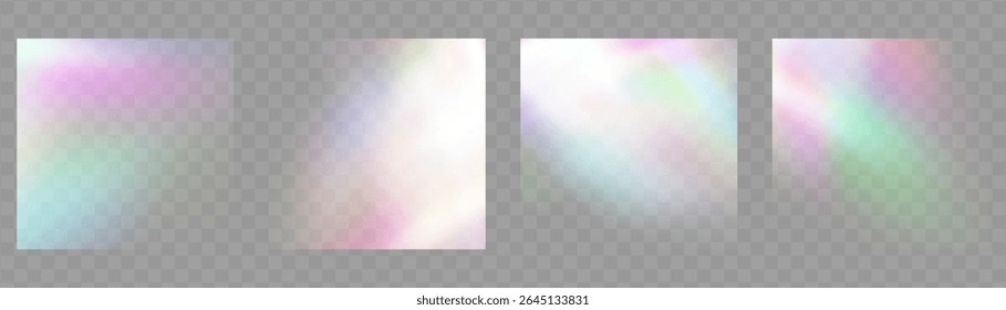 Crystal prism light flare background,transparent rainbow overlay with diamond neon glare effect and iridescent blur.