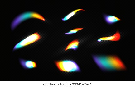 Reflejo de efecto de reflexión de la llama de la luz de arco iris de cristal conjunto de ilustración vectorial. El arcoiris óptico colorido luce vigas de lente que se filtran sobre el fondo oscuro transparente.