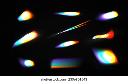 Crystal rainbow light leak flare reflection effect vector illustration set. Colorful optical rainbow lights beams lens flare leak overlay streaks on transparent dark background.