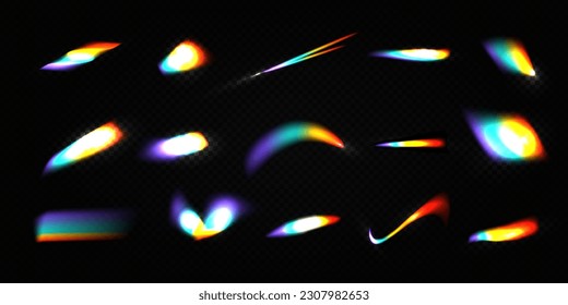 Crystal rainbow light leak flare reflection effect vector illustration set. Colorful optical rainbow lights beams lens flare leak overlay streaks on transparent dark background.