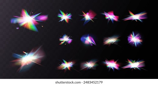 Crystal rainbow light reflection effect. Colorful clear iridescent lenses.	
