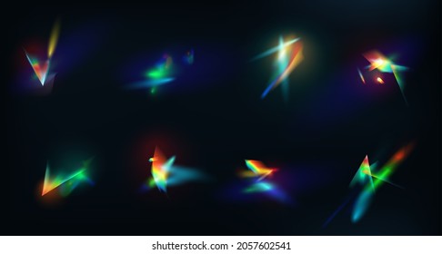 Crystal Rainbow Lights Effect, Flare Reflection From Prism Or Diamond. 3d Gem Shining Iridescent Glare. Lens Colorful Refraction Vector Set. Bright Rays Or Beams Glowing Collection