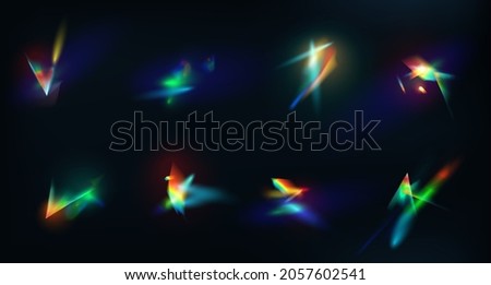 Crystal rainbow lights effect, flare reflection from prism or diamond. 3d gem shining iridescent glare. Lens colorful refraction vector set. Bright rays or beams glowing collection