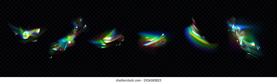 Crystal Rainbow Lights, Refraction Effects Of Rays In Glass Or Gem Stone Isolated On Transparent Background. Vector Realistic Set Of Bright Reflection Flare, Shiny Glare From Diamonds