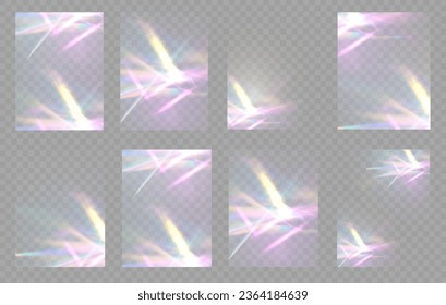 Crystal rays of light, prism refraction, lens flare, crystal glass reflection effect. Prism vector, realistic light leak effect with spectral flare. Bright light banner, poster, template.
