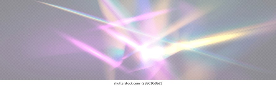 Crystal rays of light, prism refraction, lens flare, crystal glass reflection effect. Prism vector, realistic light leak effect with spectral flare. Bright light banner, poster, template.