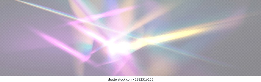 Rayos de luz de cristal, refracción de prisma, lente de lente, efecto de reflexión de cristal. Vector de prisma, efecto de fuga de luz realista con bengala espectral. Banner luminoso, afiche, plantilla.