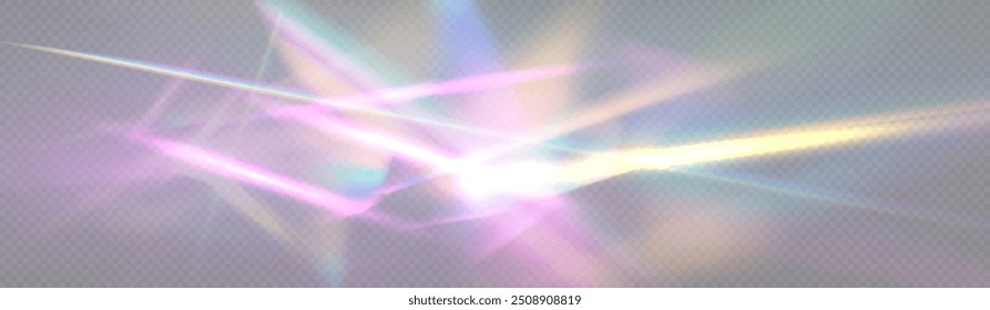 Rayos cristalinos de luz, refracción de prisma, destello de lente, efecto de reflexión de cristal. Vector prismático, efecto de fuga de luz realista con destello espectral. Anuncio de luz brillante, cartel, Plantilla.	