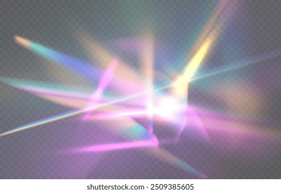 Crystal rays of light, prism refraction, lens flare, crystal glass reflection effect. Prism vector, realistic light leak effect with spectral flare. Bright light banner, poster, template.	