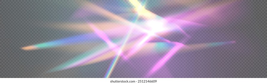 Crystal rays of light, prism refraction, lens flare, crystal glass reflection effect. Prism vector, realistic light leak effect with spectral flare. Bright light banner, poster, template.	