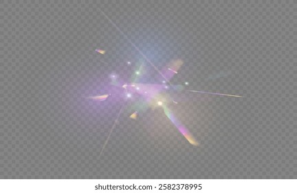 Crystal rays of light, prism refraction, lens flare, crystal glass reflection effect. Prism vector, realistic light leak effect with spectral flare. Bright light banner, poster, template.