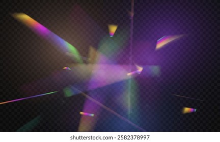 Crystal rays of light, prism refraction, lens flare, crystal glass reflection effect. Prism vector, realistic light leak effect with spectral flare. Bright light banner, poster, template.