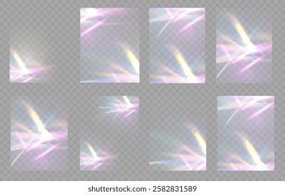 Crystal rays of light, prism refraction, lens flare, crystal glass reflection effect. Prism vector, realistic light leak effect with spectral flare. Bright light banner, poster, template.
