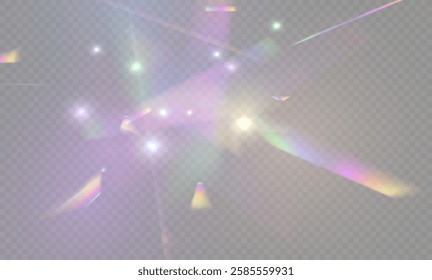 Crystal rays of light, prism refraction, lens flare, crystal glass reflection effect. Prism vector, realistic light leak effect with spectral flare. Bright light banner, poster, template.