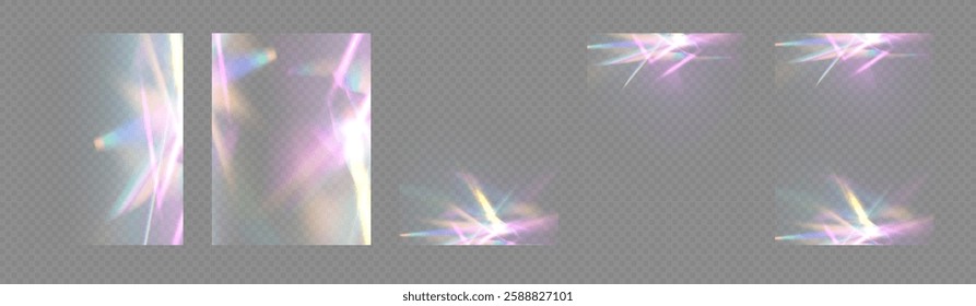Crystal rays of light, prism refraction, lens flare, crystal glass reflection effect. Prism vector, realistic light leak effect with spectral flare. Bright light banner, poster, template.