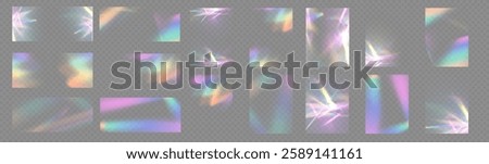 Crystal rays of light, prism refraction, lens flare, crystal glass reflection effect. Prism vector, realistic light leak effect with spectral flare. Bright light banner, poster, template.