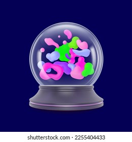 Crystal realistic globe with flying abstract neon shapes inside. Glass transparent sphere on stand, decorative 3d element vector design