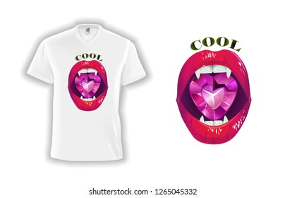 crystal red vampire lips on white t-shirt