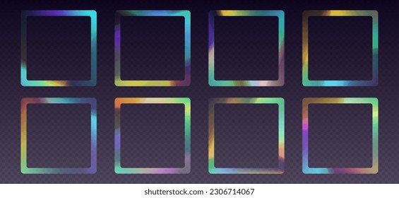 Crystal refraction frame, rainbow sunlight border, prism light effect, holographic reflections in a square shape. Blurred optical rays. vintage kaleidoscope effect. Vector design element.
